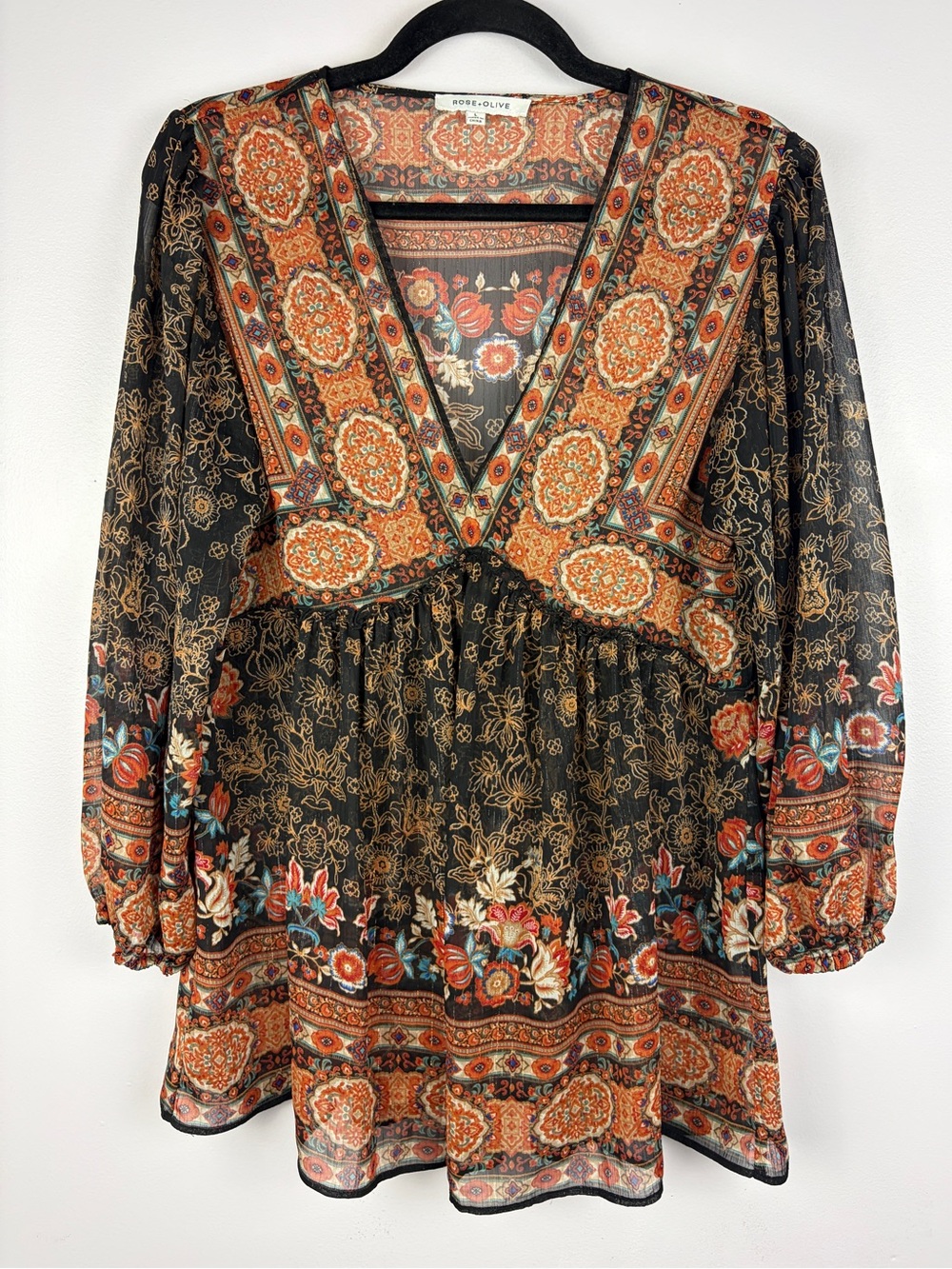 Rose + Olive Large Boho Floral Border Print Babydoll Sheer Tunic Blouse